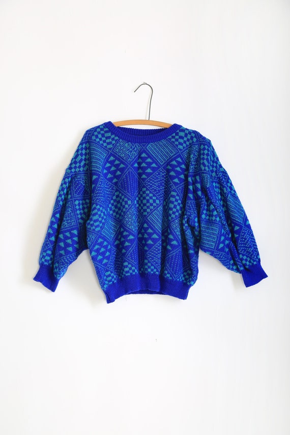 Vintage 80s blue geometric sloutchy knit sweater