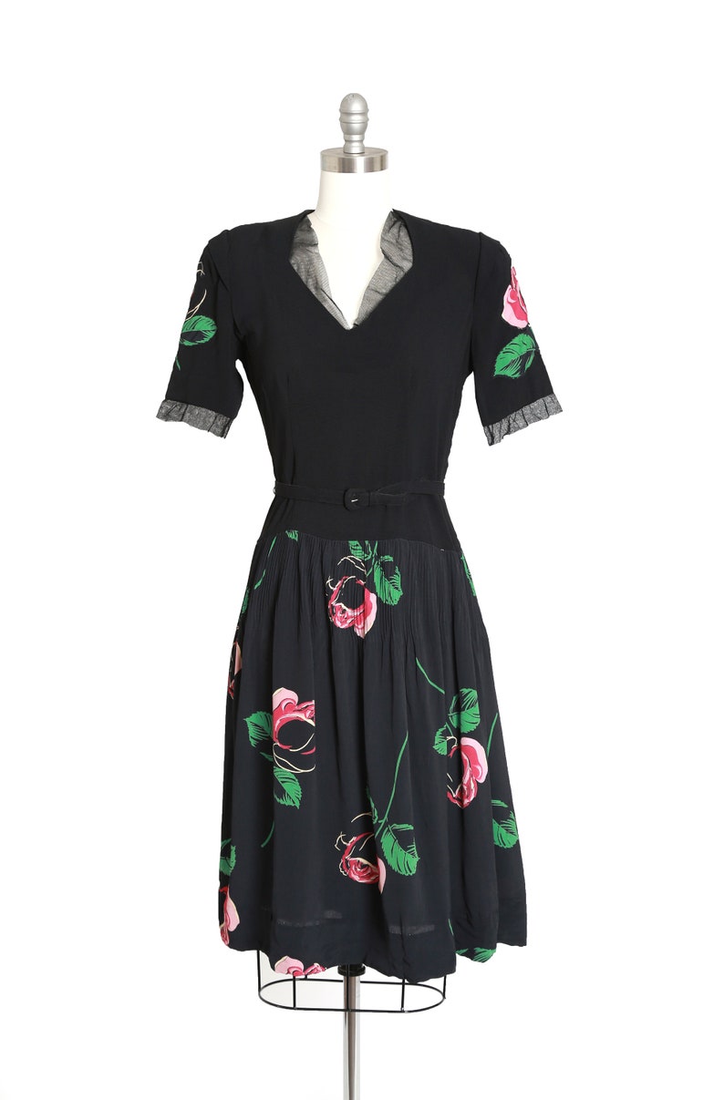 40s rose dress Vintage 40s black floral Appliqué rose midi dress image 2