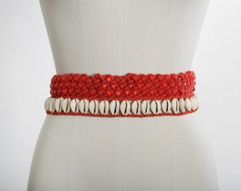 Seashell belt | Vintage red cord Cowrie Sea Shell beaded belt