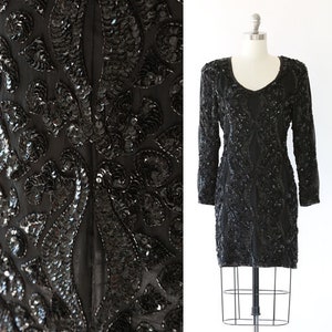 Vintage 80s black silk beaded sequin mini dress