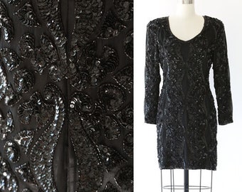 Vintage 80s black silk beaded sequin mini dress