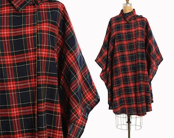 Red plaid cape | Vintage 70s woven wool blend red plaid cape