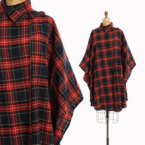 Red plaid cape | Vintage 70s woven wool blend red plaid cape