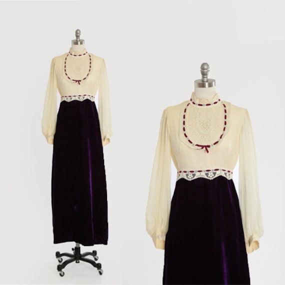 Vintage 70s ivory silk crochet boho purple velvet… - image 1