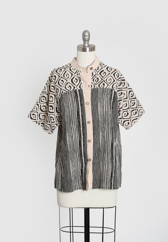 90s ethnic linen cotton block print blouse
