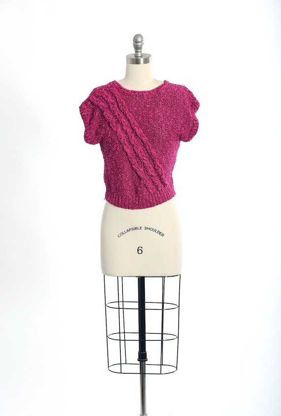 Vintage 80s hand knit bright purple linen cotton c