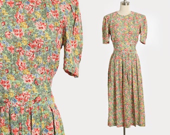 botanical rayon dress | Vintage 90s Karin Stevens pastel green floral midi dress