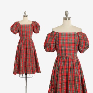 Vestido vintage de satén con mangas abullonadas y cuadros rojos de los años 80