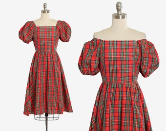 Vintage 80s Red plaid puff sleeve satin dress