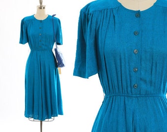 Vintage 90s Carol Anderson blue rayon flax midi dress