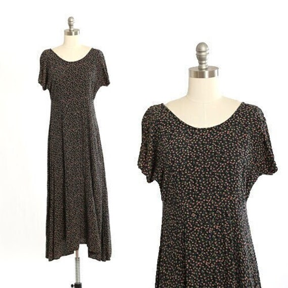 Vintage 90s Dark floral bias cut rayon midi dress - image 1