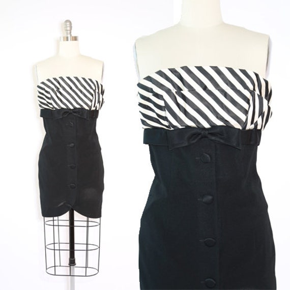 Tuxedo mini dress | Vintage 80s striped Black + w… - image 1
