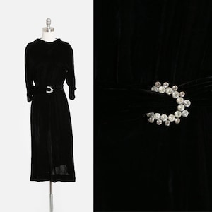 40s black silk velvet dress | Antique Vintage 1940s velvet dress + paste glass belt