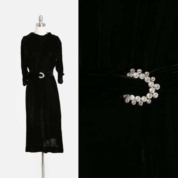 1940s Asymmetric Black Silk Velvet Dress