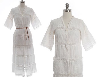 Vintage 70s Mexican white cotton crochet Dress