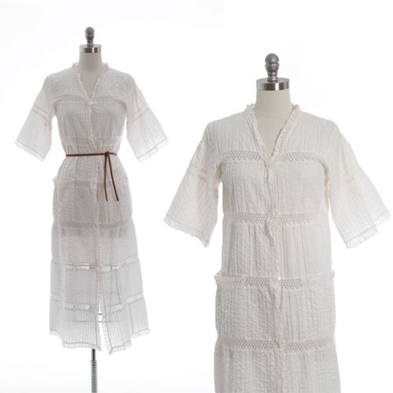 Vintage 70s Mexican white cotton crochet Dress image 1