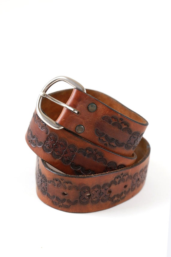 Tooled leather belt | Vintage 70s soft leather bel