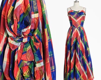 40s satin gown | Vintage 1940s Rainbow plaid satin dress