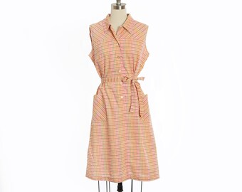 Vintage 70s pink pastel plaid shirt dress