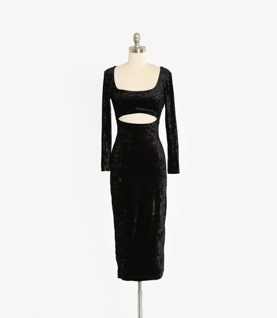 90s cut out dress Vintage 90s Black Velvet Sheer Cut Out Waist Maxi Dress