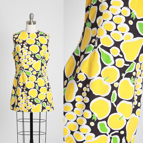 Vintage 60s MOD fruit dress | 1960s MOD yellow co… - image 1