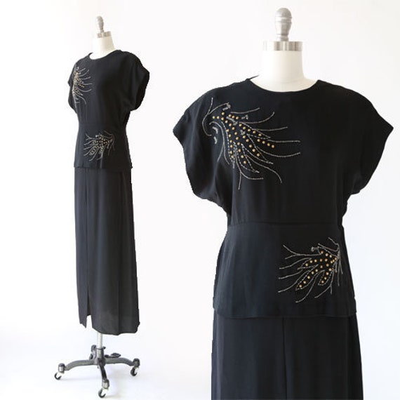 Studded gown | Vintage 40s black studded crepe dre