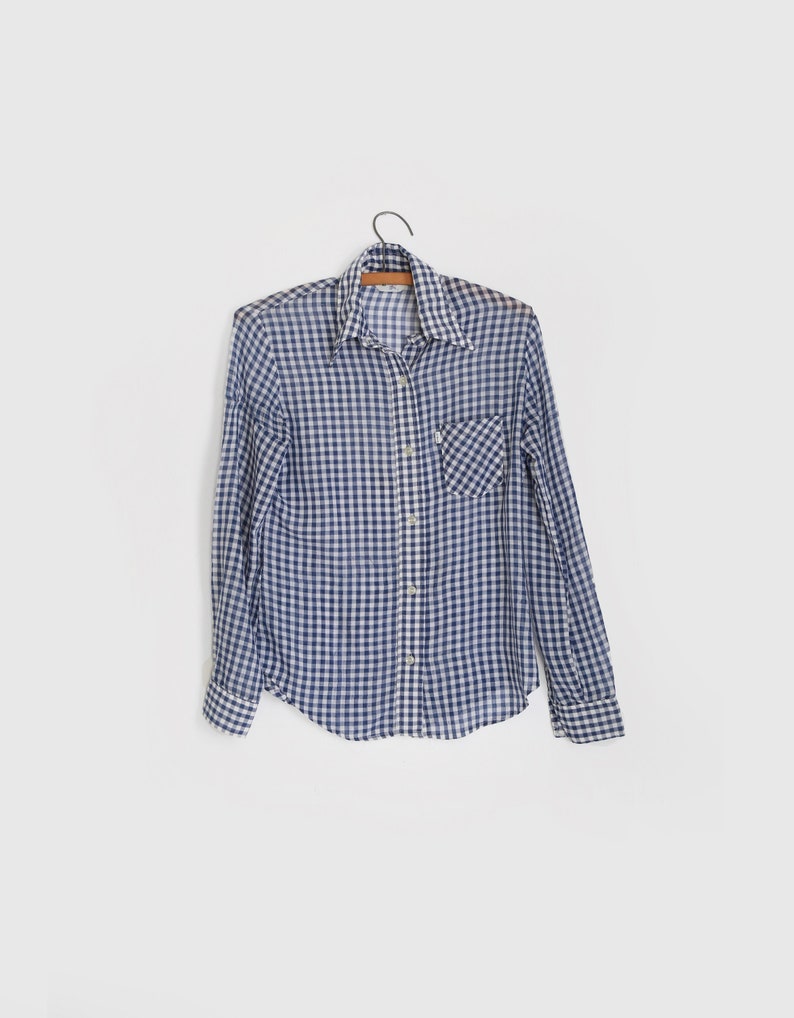 Levis Gingham shirt | Vintage 70s Levis blue + white Gingham button Shirt image 1