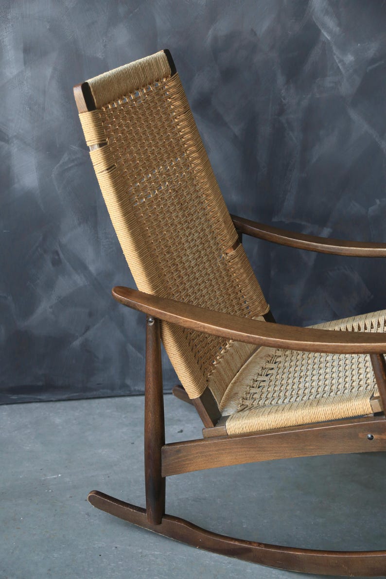 Yugoslavian Rocking Chair Vintage Mid Century Modern Yugoslavia Hans Wegner Style Woven Cord ...
