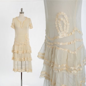 Antique Vintage 1920s ivory silk ribbon tiered drop waist dress
