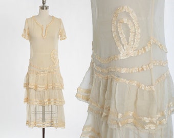 Antique Vintage 1920s ivory silk ribbon tiered drop waist dress