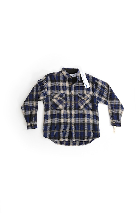 Vintage 70s Lumber Jack blue woven cotton plaid shirt Deadstock