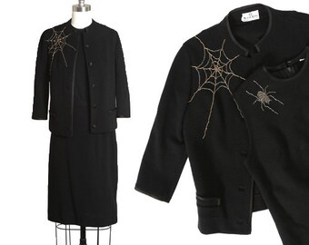 Spiderweb suit | Vintage 60s black knit wool beaded spiderweb spider suit skirt | 1960s 3pc Spiderweb spider blazer top