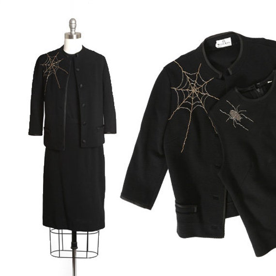 Spiderweb suit | Vintage 60s black knit wool bead… - image 1