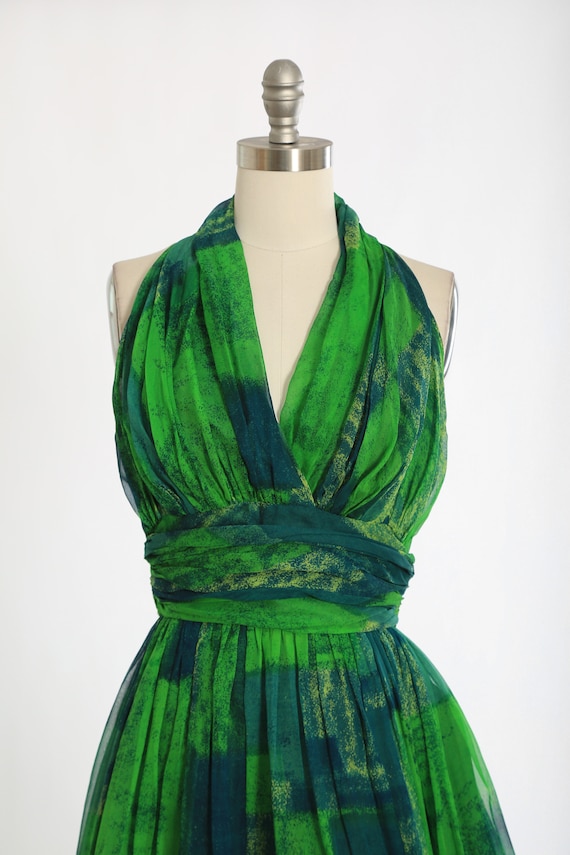 Vintage 50s green silk halter dress | 1950s Jon M… - image 4