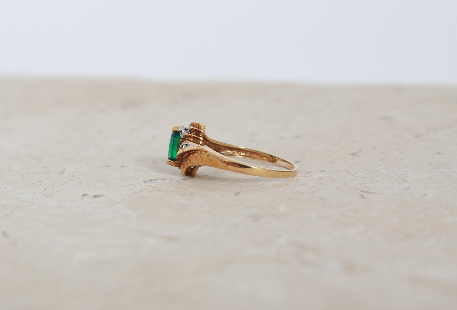 Vintage 14K Gold Marquise Emerald Diamond Ring - Etsy
