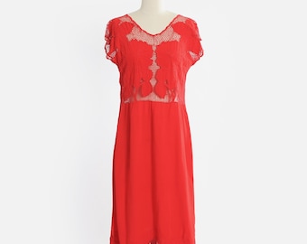 Vintage Bali Red hibiscus crochet rayon dress