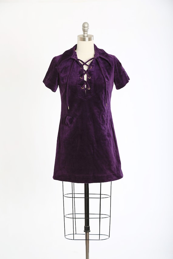 Vintage 60s 70s Purple Velvet Mini Dress | 1960s 1970s Lace