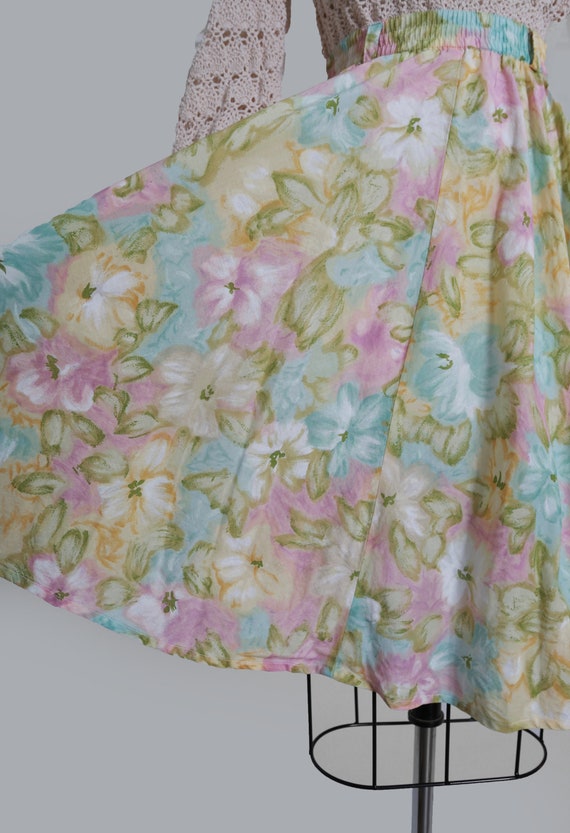 Vintage 80s pastel watercolor floral cotton skirt - image 4