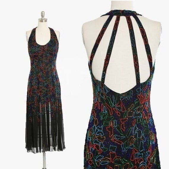 NITELINE Silk Beaded Dress | Vintage Primary Colors Beaded Silk Backless Cocktail Dress - Etsy NITELINE Silk Beaded Dress | Vintage Primary Colors Beaded Silk Backless Cocktail Dress - Etsy