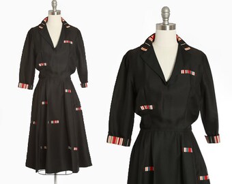 Pattullo Jo Copeland dress | Vintage 40s 50s New Look black polished cotton dress | 1940s embroidered striped dress