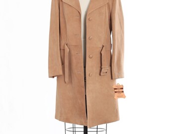 Vintage 70s Suede Leather Trench Coat 1970s Deadstock Golden