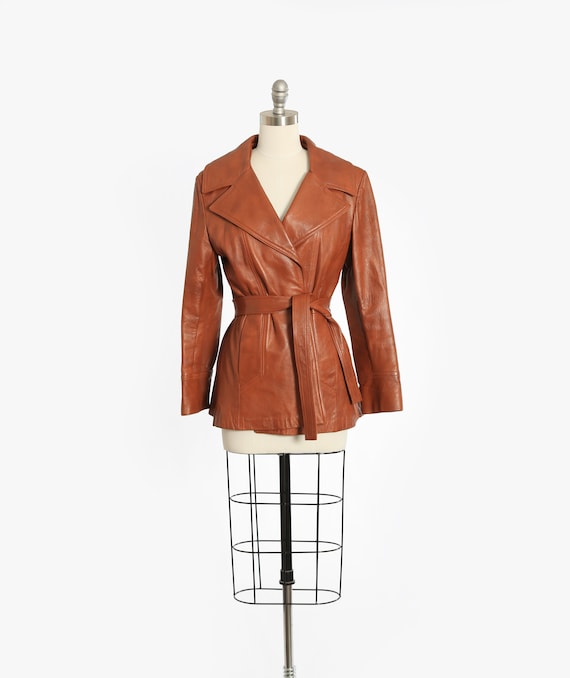 Vintage 70s brown leather belted coat jacket