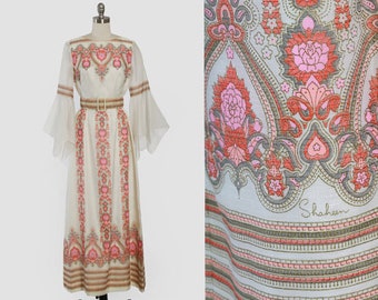 Alfred Shaheen dress | Vintage 70s hand printed chiffon maxi dress dress | 1970s deadstock Alfed Shaheen