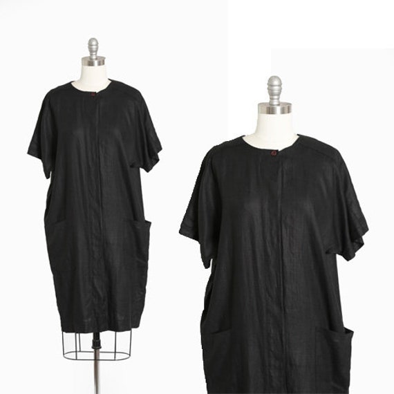 Cocoon linen dress | Vintage 90s black linen minim