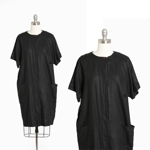 Cocoon linen dress | Vintage 90s black linen minimalist dress | 1990s Avant Garde dress