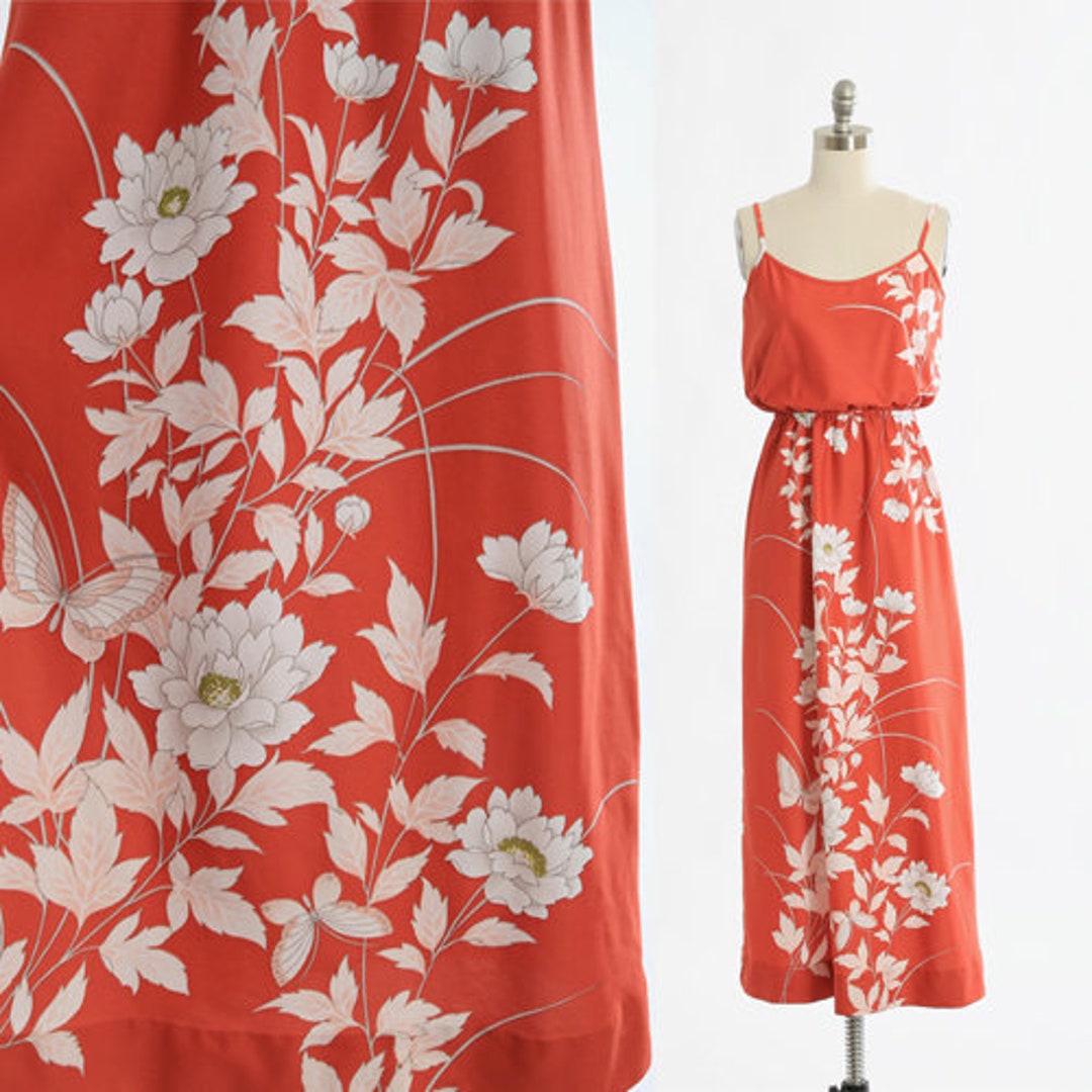 70’s Botanical Patterned Bell Sleeve Knit Maxi Dress by Maurice