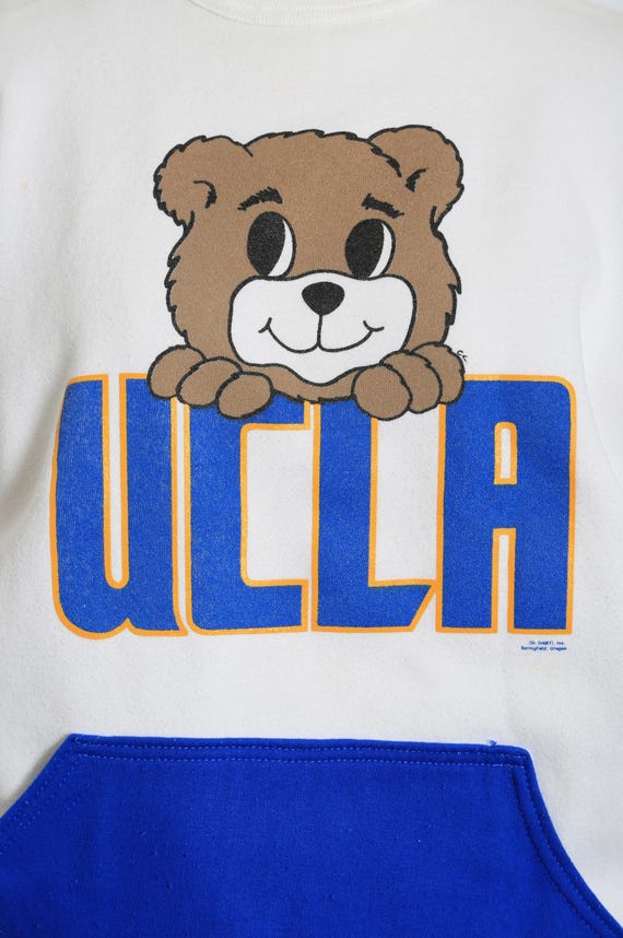 60s UCLA VINTAGE SWEAT フロッキー 脇ガゼットXL相当 60s Collegiate Pacific UCLA フロッキープリント コットン