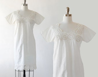 Edwardian cotton Chemise | Antique vintage 1900s cotton slip dress | Embroidered cutout chemise