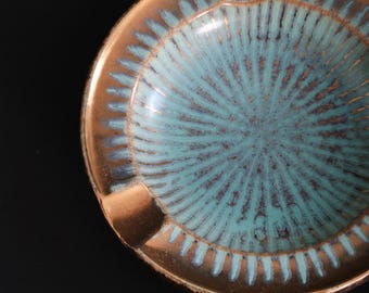 Vintage Mid Century Modern gold + blue starburst Ashtray
