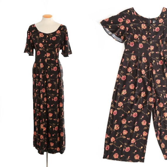 90s dark floral rayon jumpsuit